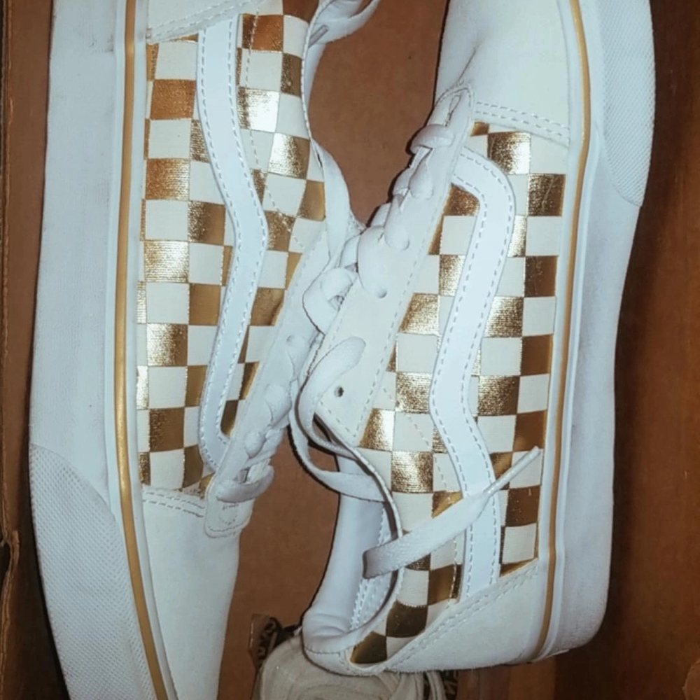 Vans White and Gold Checkered Sneakers